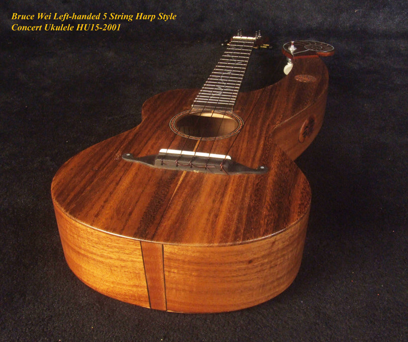 Handcrafted LEFT-HAND 5 String Harp Style Concert Ukulele, Solid Acacia, Low G, Bruce Wei HU15-2001