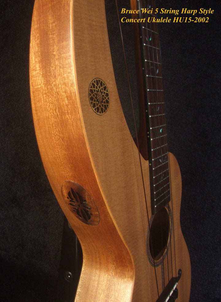 Handcrafted 5 String Harp Style Concert Ukulele, Solid Spruce, Mahogany, MOP Vine Inlay, Bruce Wei HU15-2002