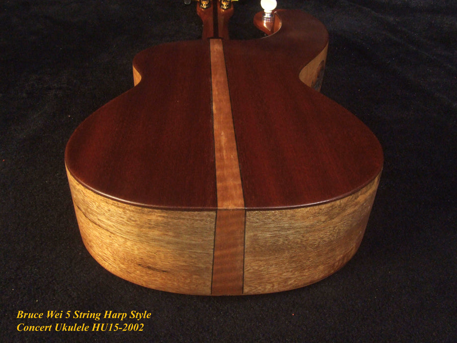 Handcrafted 5 String Harp Style Concert Ukulele, Solid Spruce, Mahogany, MOP Vine Inlay, Bruce Wei HU15-2002