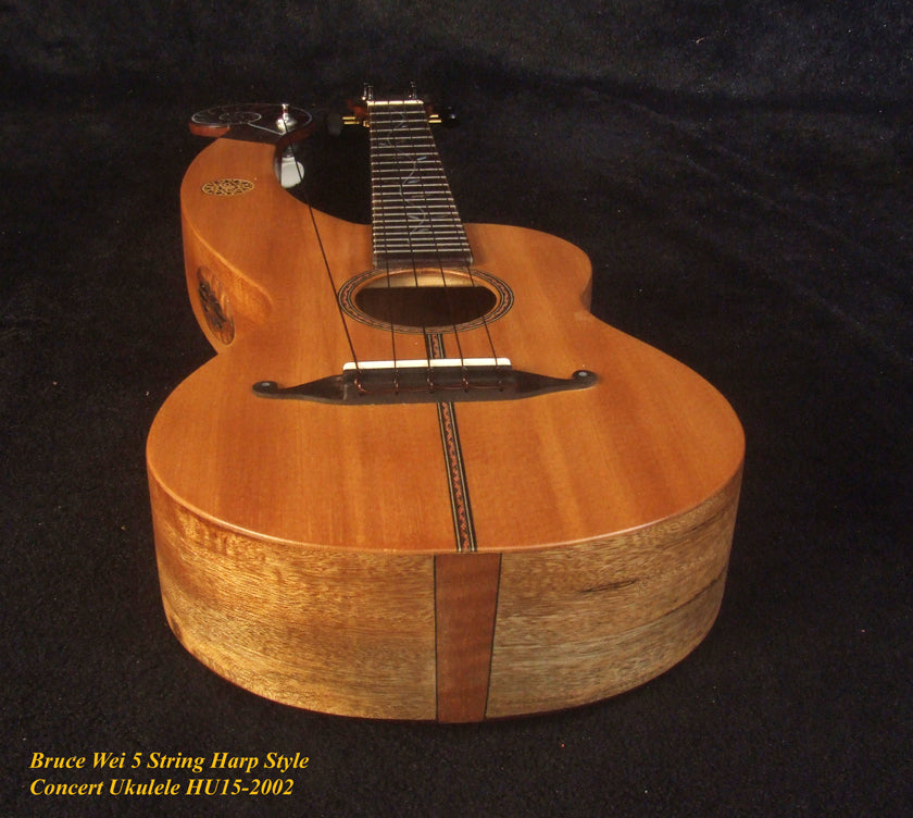 Handcrafted 5 String Harp Style Concert Ukulele, Solid Spruce, Mahogany, MOP Vine Inlay, Bruce Wei HU15-2002