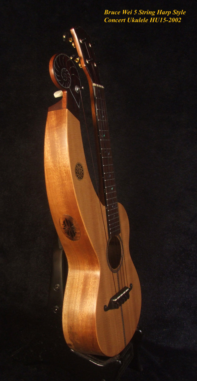 Handcrafted 5 String Harp Style Concert Ukulele, Solid Spruce, Mahogany, MOP Vine Inlay, Bruce Wei HU15-2002