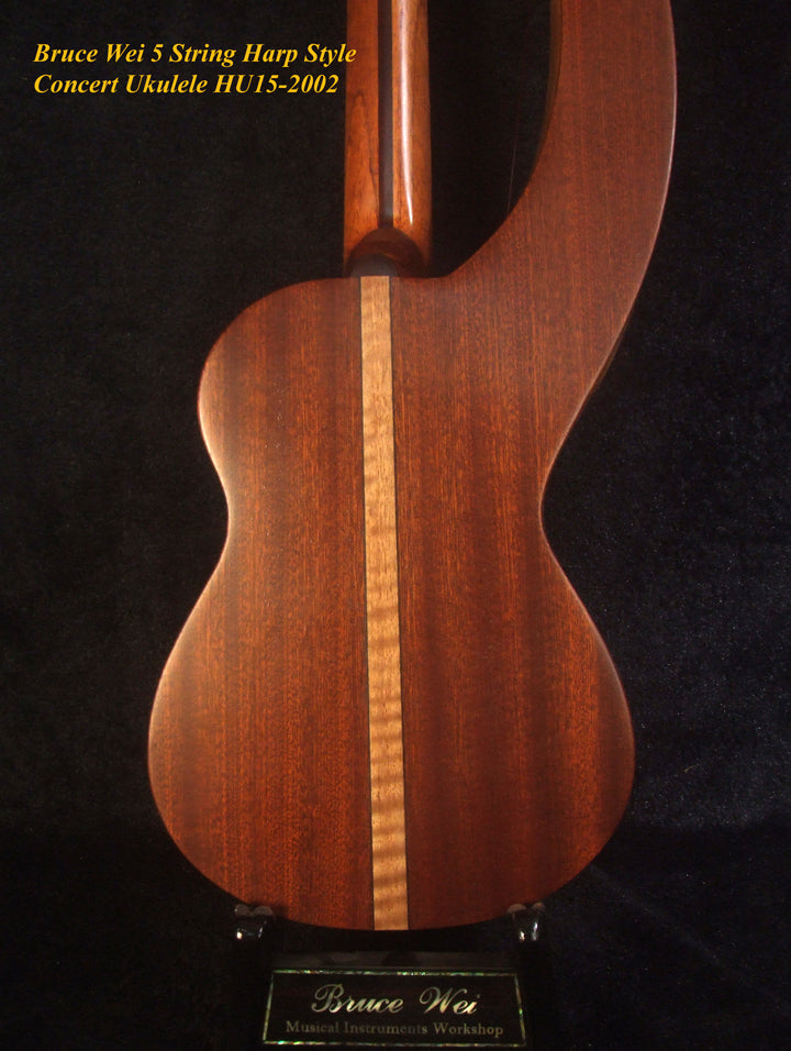 Handcrafted 5 String Harp Style Concert Ukulele, Solid Spruce, Mahogany, MOP Vine Inlay, Bruce Wei HU15-2002