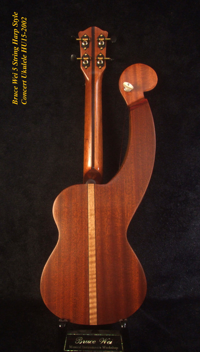 Handcrafted 5 String Harp Style Concert Ukulele, Solid Spruce, Mahogany, MOP Vine Inlay, Bruce Wei HU15-2002