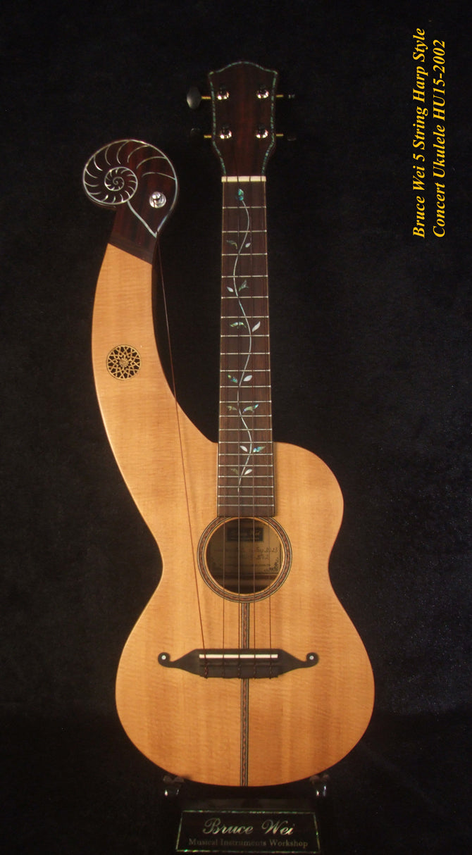 Handcrafted 5 String Harp Style Concert Ukulele, Solid Spruce, Mahogany, MOP Vine Inlay, Bruce Wei HU15-2002