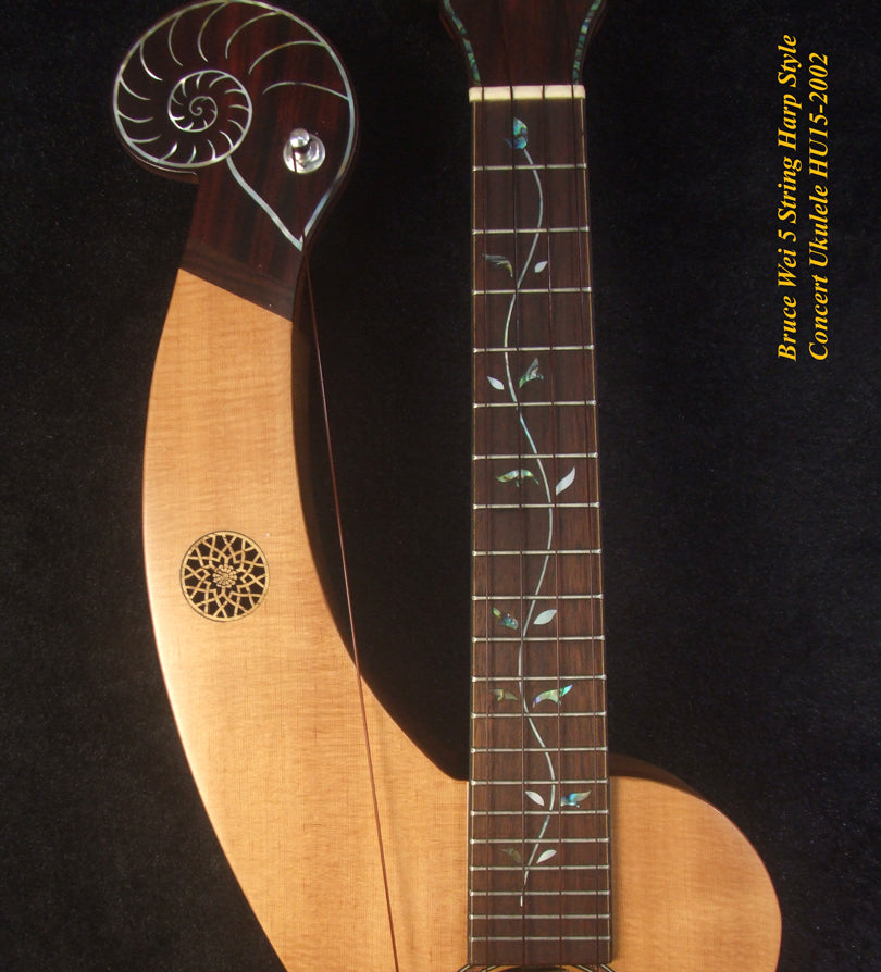 Handcrafted 5 String Harp Style Concert Ukulele, Solid Spruce, Mahogany, MOP Vine Inlay, Bruce Wei HU15-2002