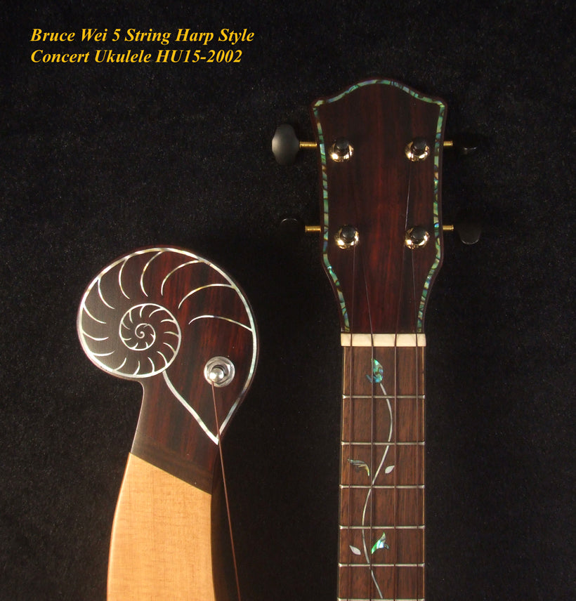 Handcrafted 5 String Harp Style Concert Ukulele, Solid Spruce, Mahogany, MOP Vine Inlay, Bruce Wei HU15-2002