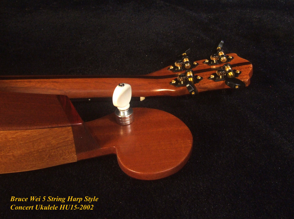Handcrafted 5 String Harp Style Concert Ukulele, Solid Spruce, Mahogany, MOP Vine Inlay, Bruce Wei HU15-2002
