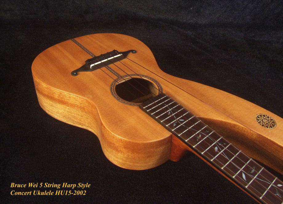 Handcrafted 5 String Harp Style Concert Ukulele, Solid Spruce, Mahogany, MOP Vine Inlay, Bruce Wei HU15-2002