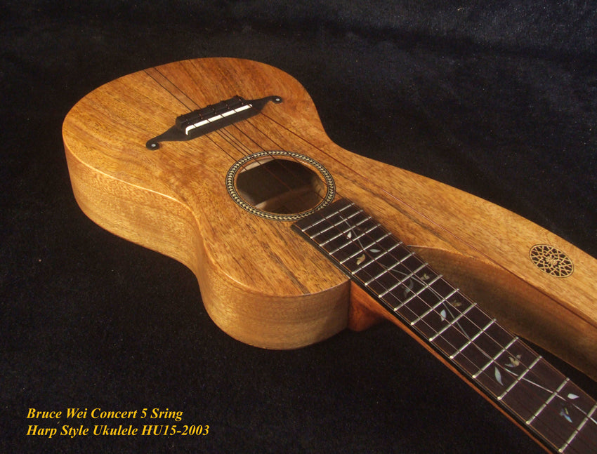 Handmade 5 String Harp Style Concert Ukulele Solid Mango, MOP Vine Inlay, Bruce Wei HU15-2003