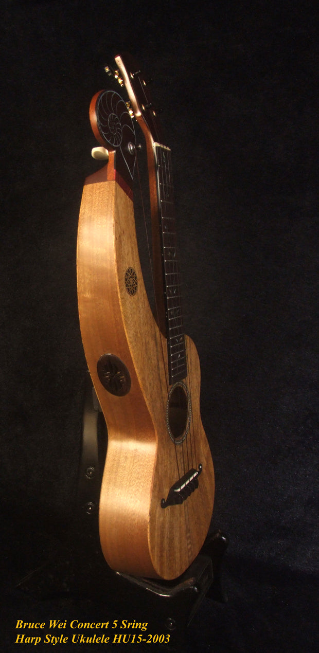 Handmade 5 String Harp Style Concert Ukulele Solid Mango, MOP Vine Inlay, Bruce Wei HU15-2003