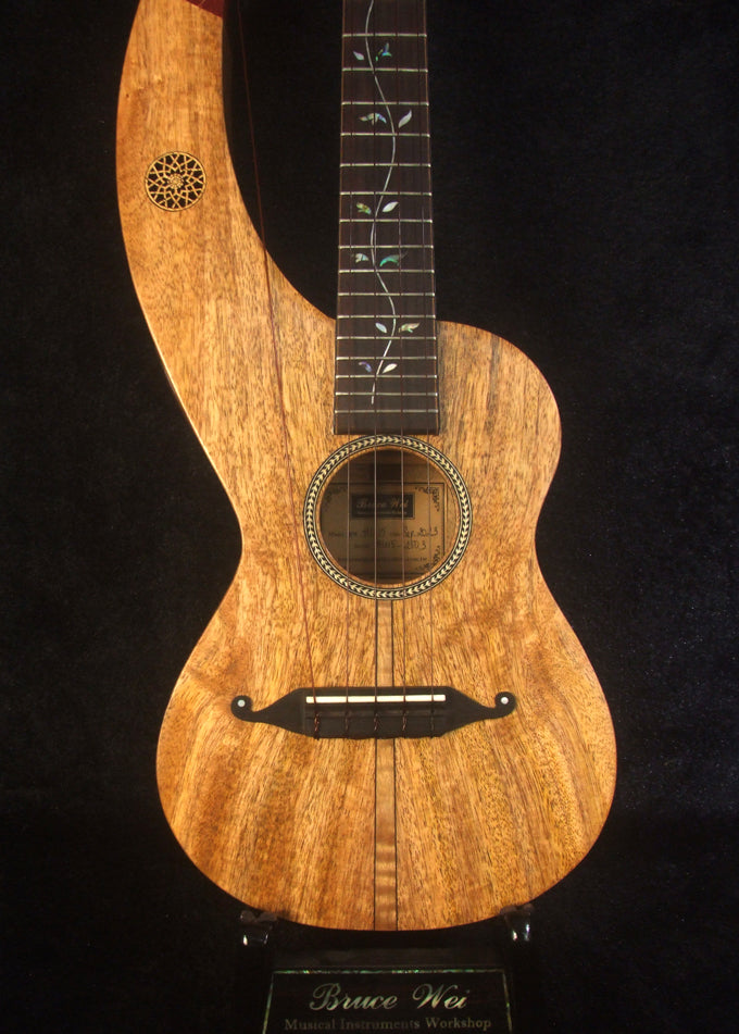 Handmade 5 String Harp Style Concert Ukulele Solid Mango, MOP Vine Inlay, Bruce Wei HU15-2003
