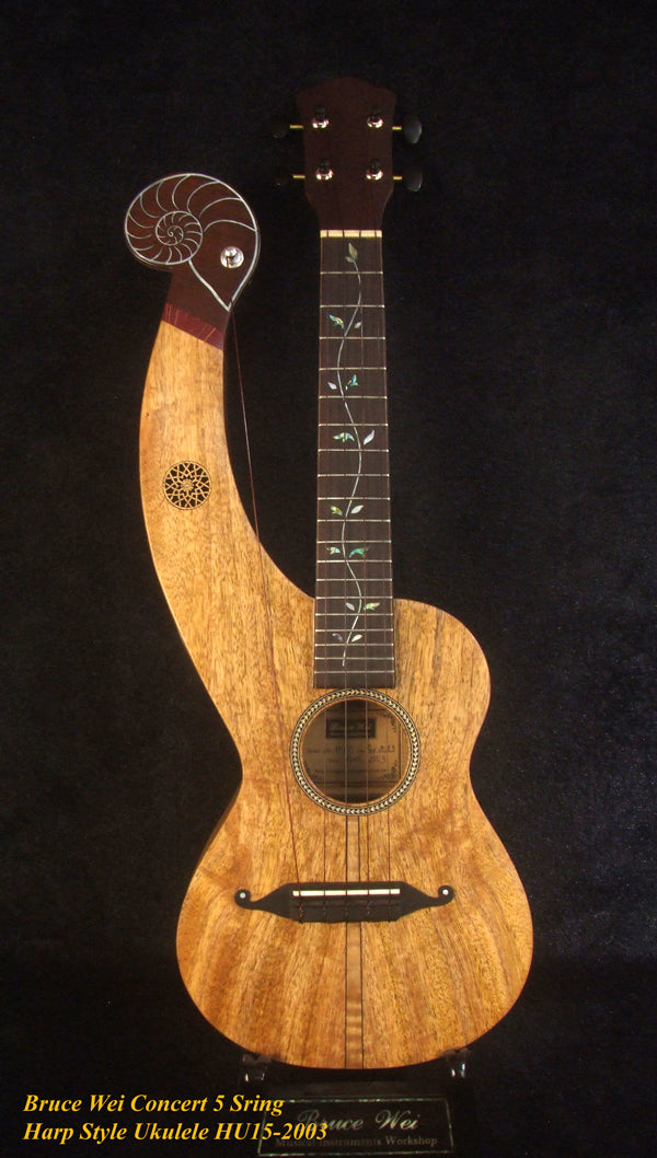 Handmade 5 String Harp Style Concert Ukulele Solid Mango, MOP Vine Inlay, Bruce Wei HU15-2003