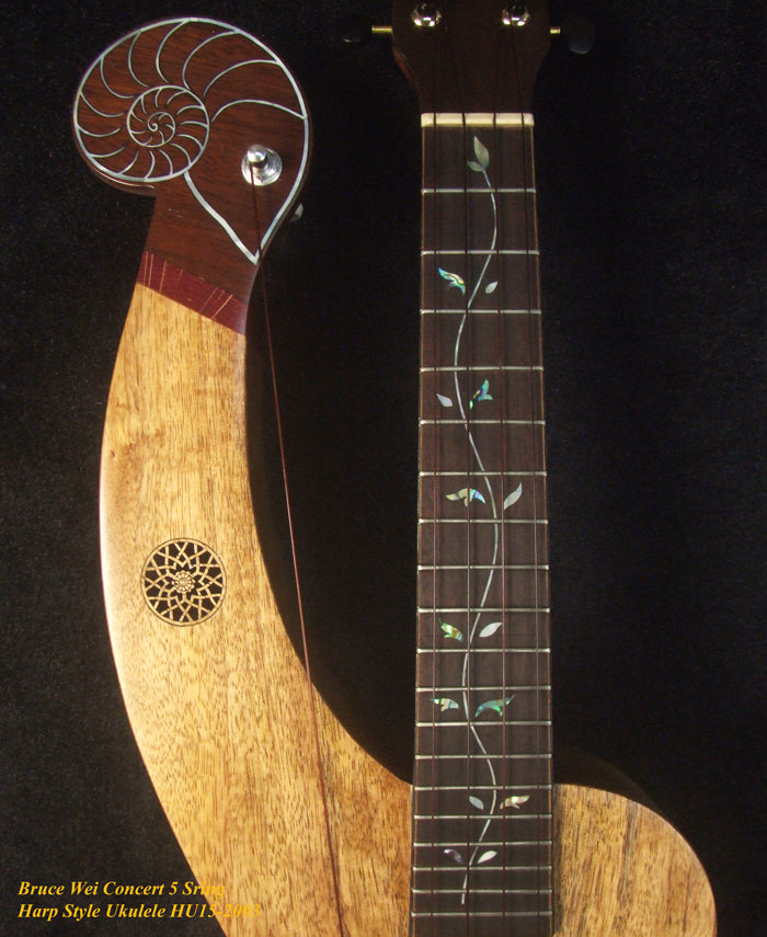 Handmade 5 String Harp Style Concert Ukulele Solid Mango, MOP Vine Inlay, Bruce Wei HU15-2003