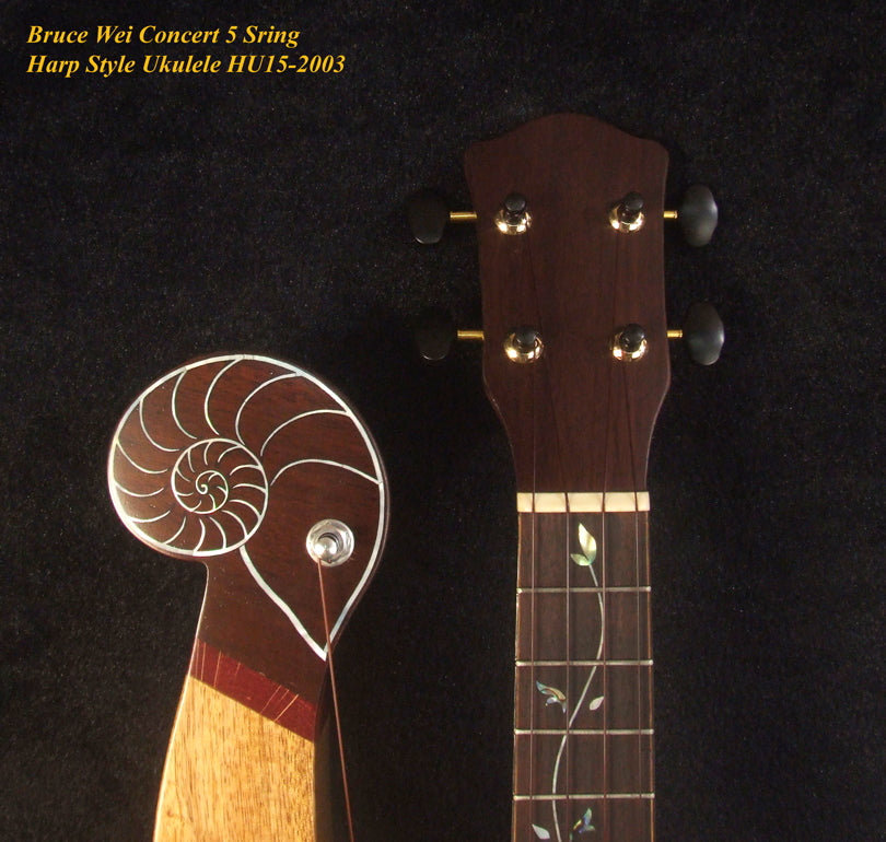 Handmade 5 String Harp Style Concert Ukulele Solid Mango, MOP Vine Inlay, Bruce Wei HU15-2003