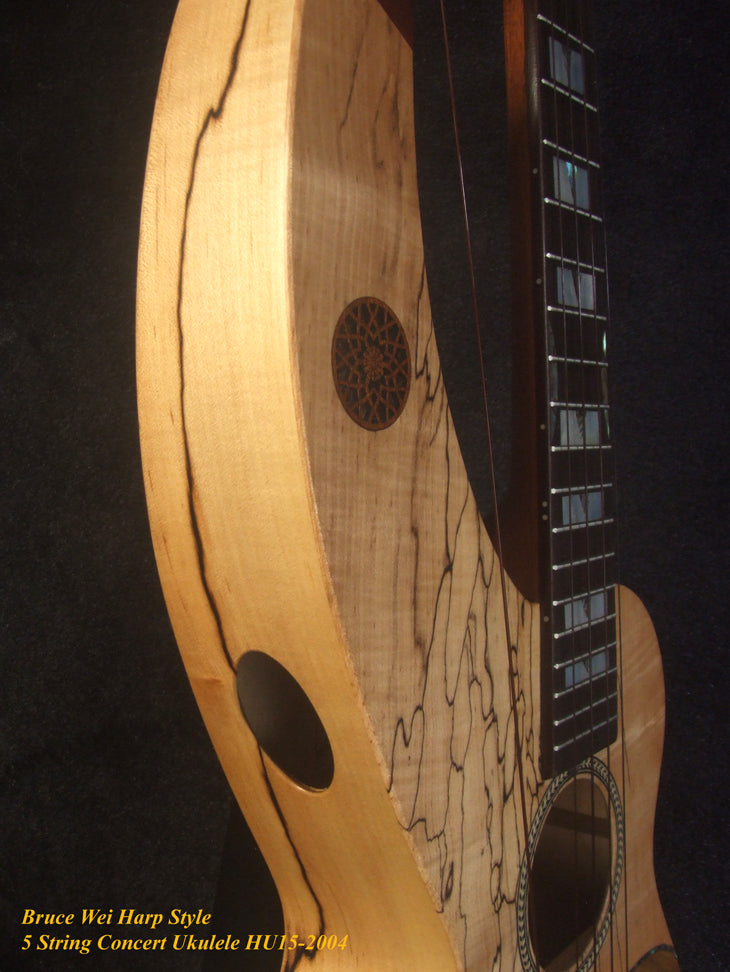 Handmade 5 String Harp Style Concert Ukulele, Solid Spalted Curly Maple, Taiwania , MOP Inlay, Bruce Wei HU15-2004