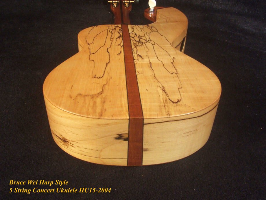 Handmade 5 String Harp Style Concert Ukulele, Solid Spalted Curly Maple, Taiwania , MOP Inlay, Bruce Wei HU15-2004