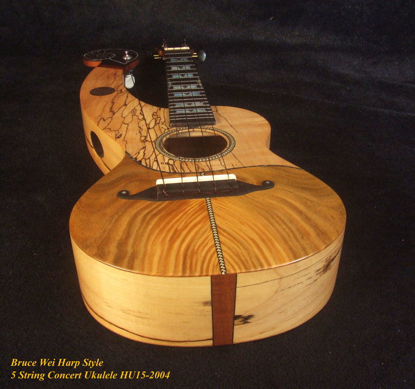 Handmade 5 String Harp Style Concert Ukulele, Solid Spalted Curly Maple, Taiwania , MOP Inlay, Bruce Wei HU15-2004
