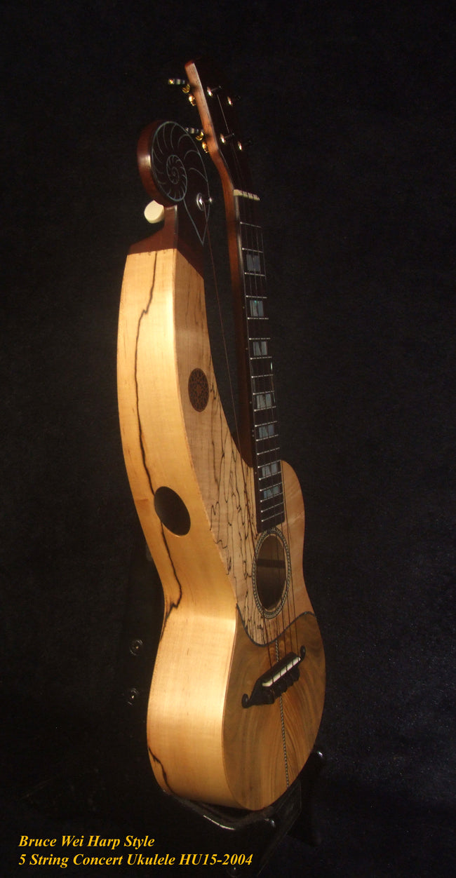Handmade 5 String Harp Style Concert Ukulele, Solid Spalted Curly Maple, Taiwania , MOP Inlay, Bruce Wei HU15-2004