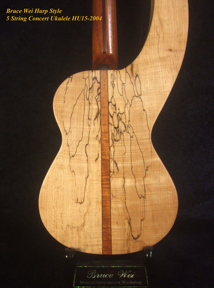 Handmade 5 String Harp Style Concert Ukulele, Solid Spalted Curly Maple, Taiwania , MOP Inlay, Bruce Wei HU15-2004