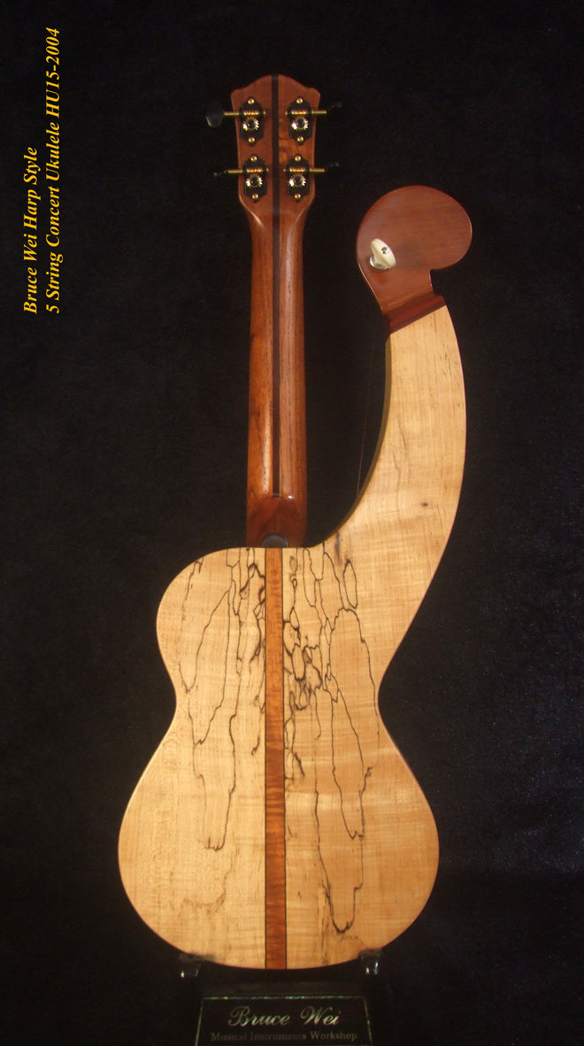 Handmade 5 String Harp Style Concert Ukulele, Solid Spalted Curly Maple, Taiwania , MOP Inlay, Bruce Wei HU15-2004