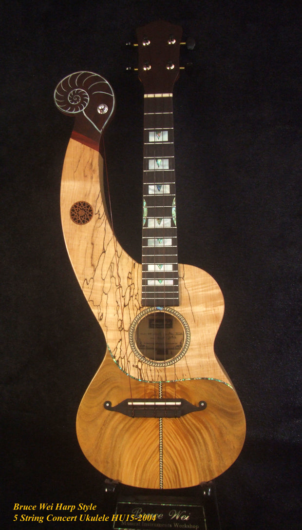 Handmade 5 String Harp Style Concert Ukulele, Solid Spalted Curly Maple, Taiwania , MOP Inlay, Bruce Wei HU15-2004