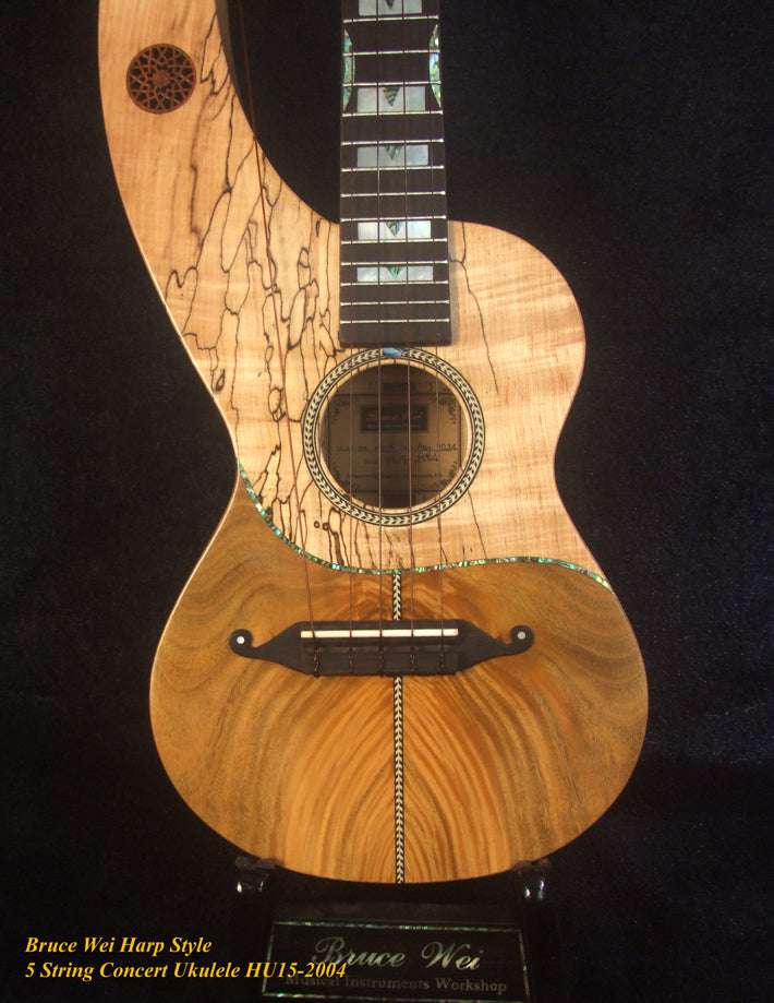 Handmade 5 String Harp Style Concert Ukulele, Solid Spalted Curly Maple, Taiwania , MOP Inlay, Bruce Wei HU15-2004