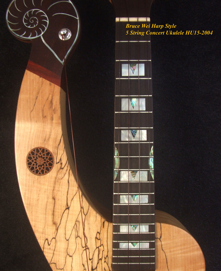 Handmade 5 String Harp Style Concert Ukulele, Solid Spalted Curly Maple, Taiwania , MOP Inlay, Bruce Wei HU15-2004