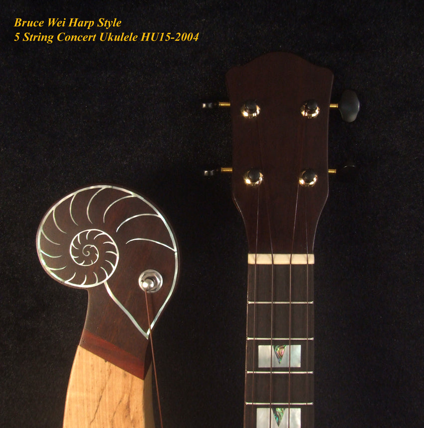 Handmade 5 String Harp Style Concert Ukulele, Solid Spalted Curly Maple, Taiwania , MOP Inlay, Bruce Wei HU15-2004