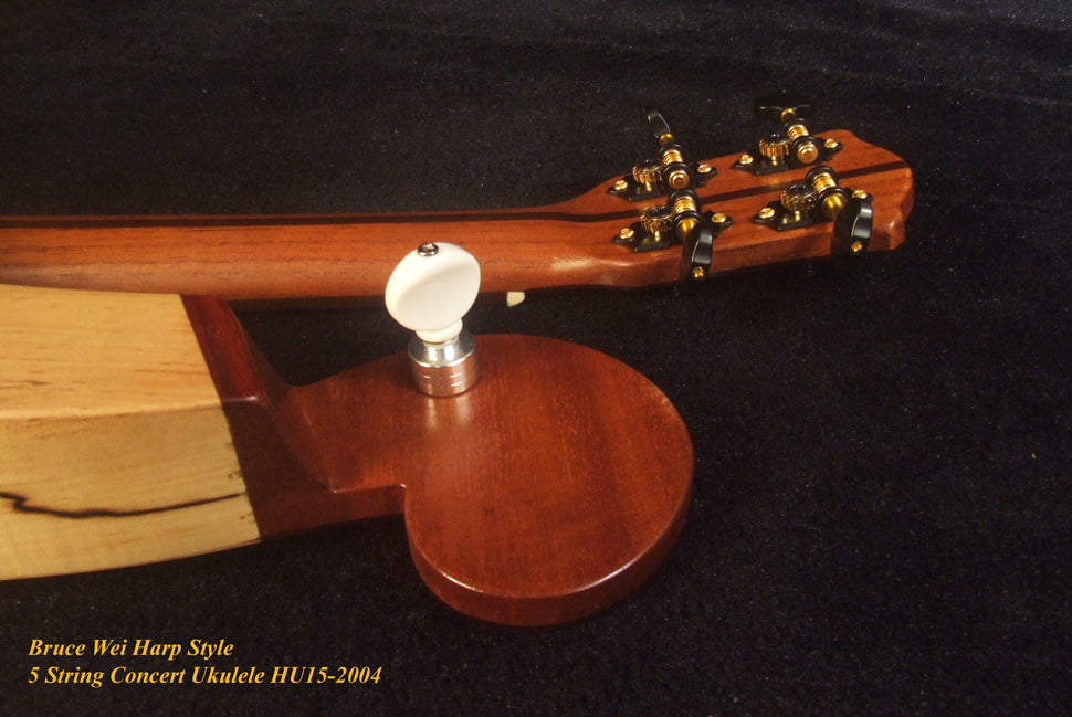 Handmade 5 String Harp Style Concert Ukulele, Solid Spalted Curly Maple, Taiwania , MOP Inlay, Bruce Wei HU15-2004