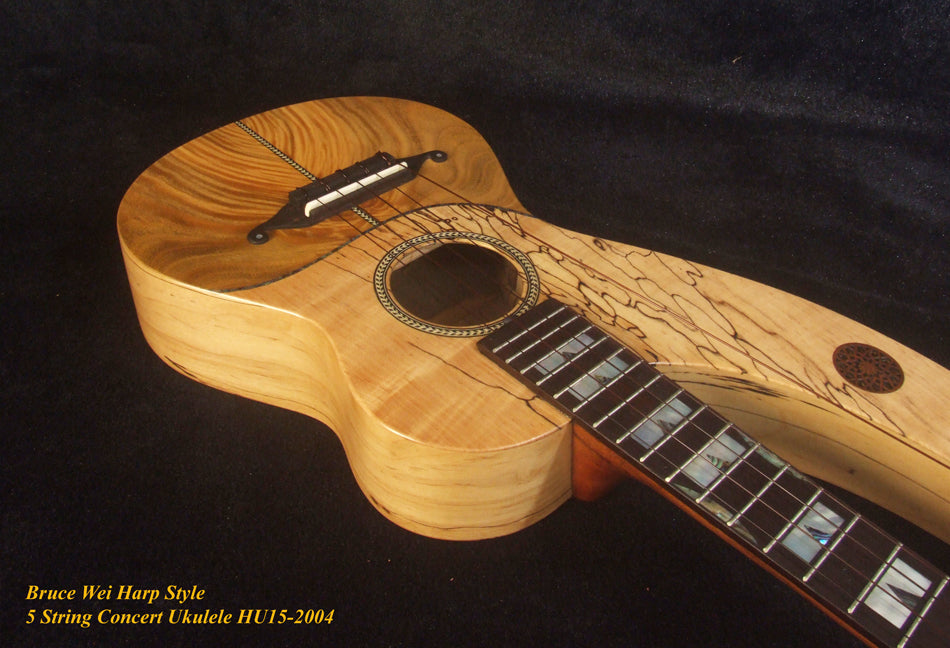 Handmade 5 String Harp Style Concert Ukulele, Solid Spalted Curly Maple, Taiwania , MOP Inlay, Bruce Wei HU15-2004