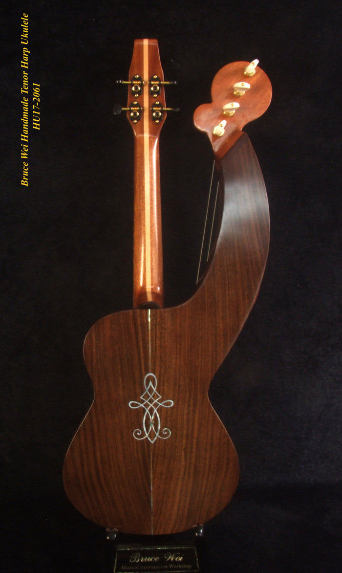 Handcrafted Tenor Harp Ukulele, Cedar, Indian Rosewood, Curved Heard, Hard Case, Bruce Wei HU17-2061