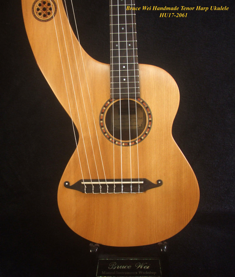 Handcrafted Tenor Harp Ukulele, Cedar, Indian Rosewood, Curved Heard, Hard Case, Bruce Wei HU17-2061
