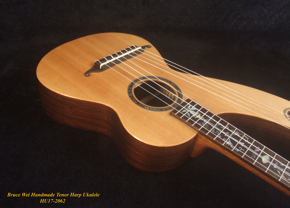 Handcrafted Tenor Harp Ukulele, Worth Collection - Bruce Wei HU17-2062 solid Spruce, Indian Rosewood, HummingBird Inlay, Hard Case,