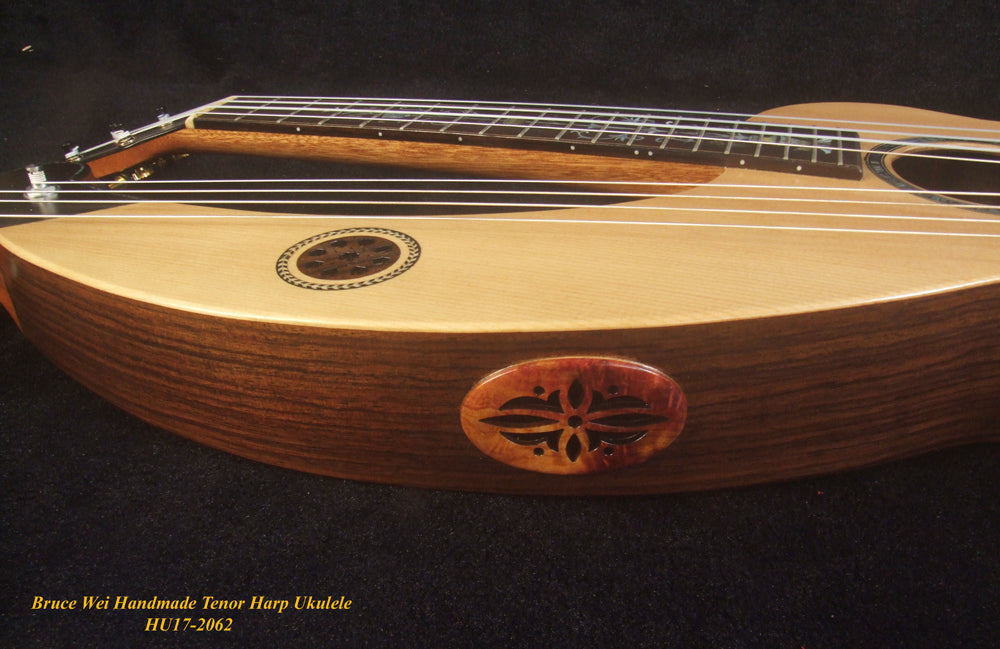 Handcrafted Tenor Harp Ukulele, Worth Collection - Bruce Wei HU17-2062 solid Spruce, Indian Rosewood, HummingBird Inlay, Hard Case,