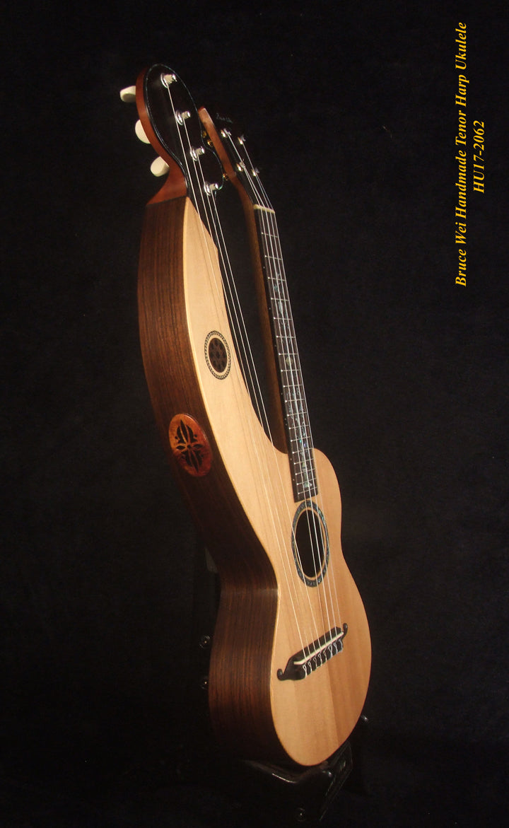 Handcrafted Tenor Harp Ukulele, Worth Collection - Bruce Wei HU17-2062 solid Spruce, Indian Rosewood, HummingBird Inlay, Hard Case,