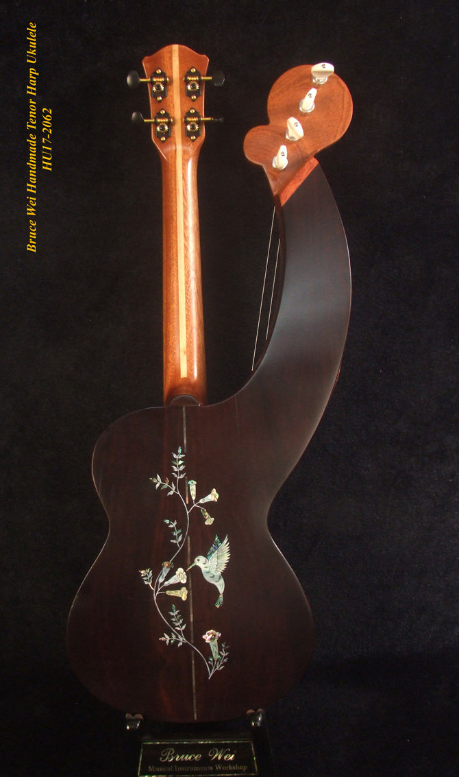 Handcrafted Tenor Harp Ukulele, Worth Collection - Bruce Wei HU17-2062 solid Spruce, Indian Rosewood, HummingBird Inlay, Hard Case,
