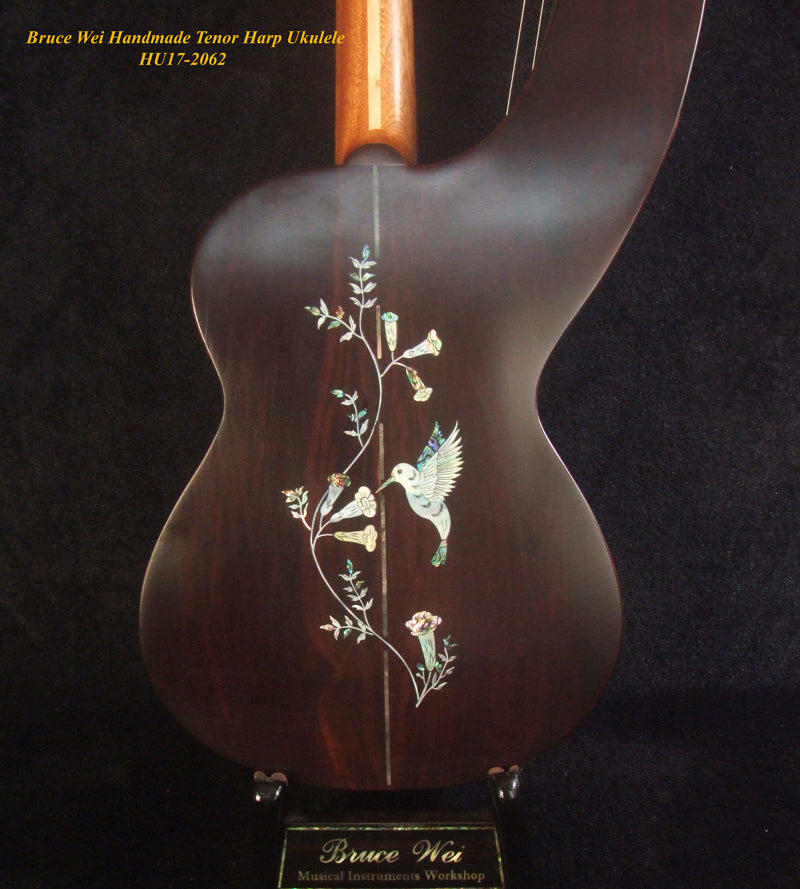Handcrafted Tenor Harp Ukulele, Worth Collection - Bruce Wei HU17-2062 solid Spruce, Indian Rosewood, HummingBird Inlay, Hard Case,