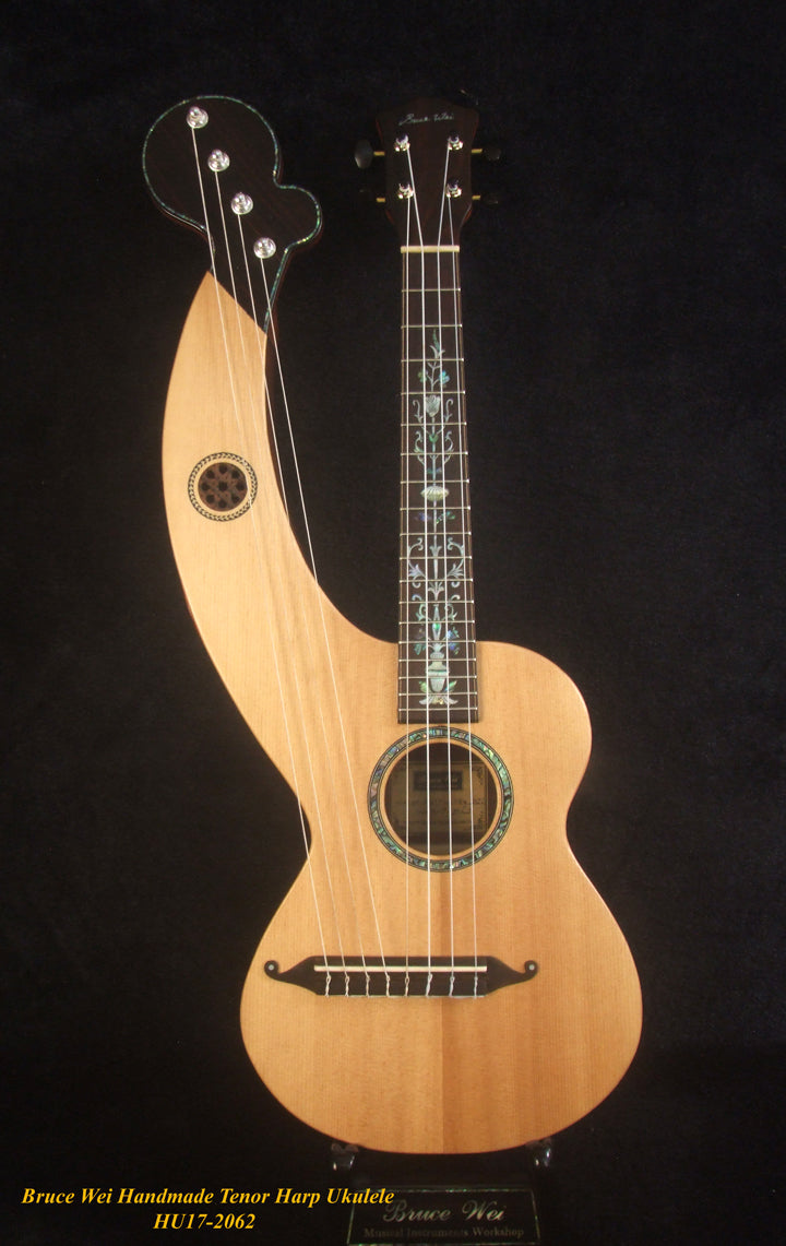 Handcrafted Tenor Harp Ukulele, Worth Collection - Bruce Wei HU17-2062 solid Spruce, Indian Rosewood, HummingBird Inlay, Hard Case,