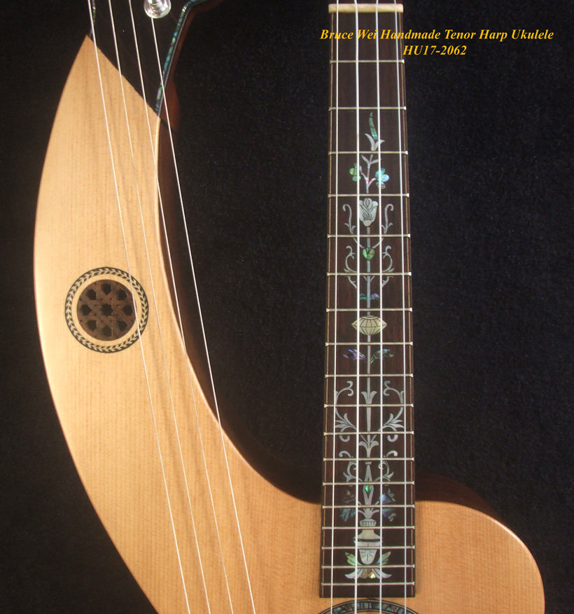 Handcrafted Tenor Harp Ukulele, Worth Collection - Bruce Wei HU17-2062 solid Spruce, Indian Rosewood, HummingBird Inlay, Hard Case,