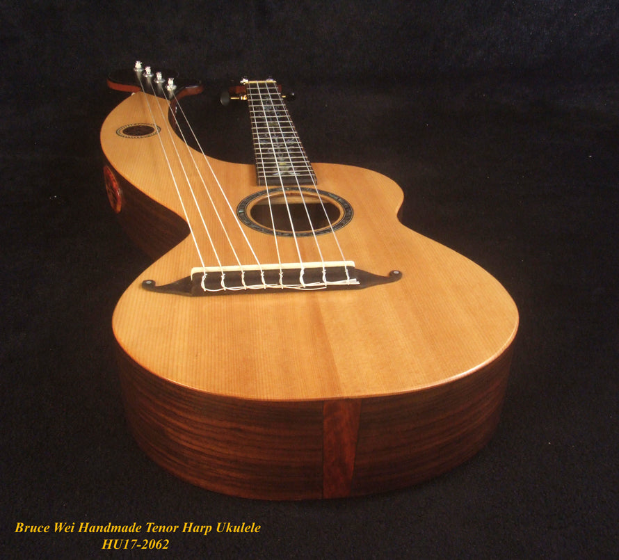 Handcrafted Tenor Harp Ukulele, Worth Collection - Bruce Wei HU17-2062 solid Spruce, Indian Rosewood, HummingBird Inlay, Hard Case,
