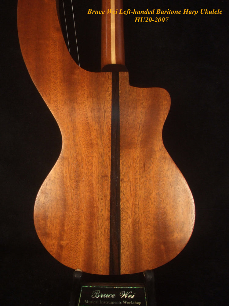 Left-Handed Baritone HARP Ukulele, Handcrafted Spruce, Mahogany , Vine Inlay, Hard Case, Bruce Wei HU20-2007