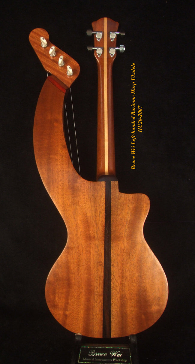 Left-Handed Baritone HARP Ukulele, Handcrafted Spruce, Mahogany , Vine Inlay, Hard Case, Bruce Wei HU20-2007