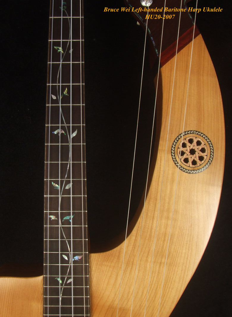 Left-Handed Baritone HARP Ukulele, Handcrafted Spruce, Mahogany , Vine Inlay, Hard Case, Bruce Wei HU20-2007