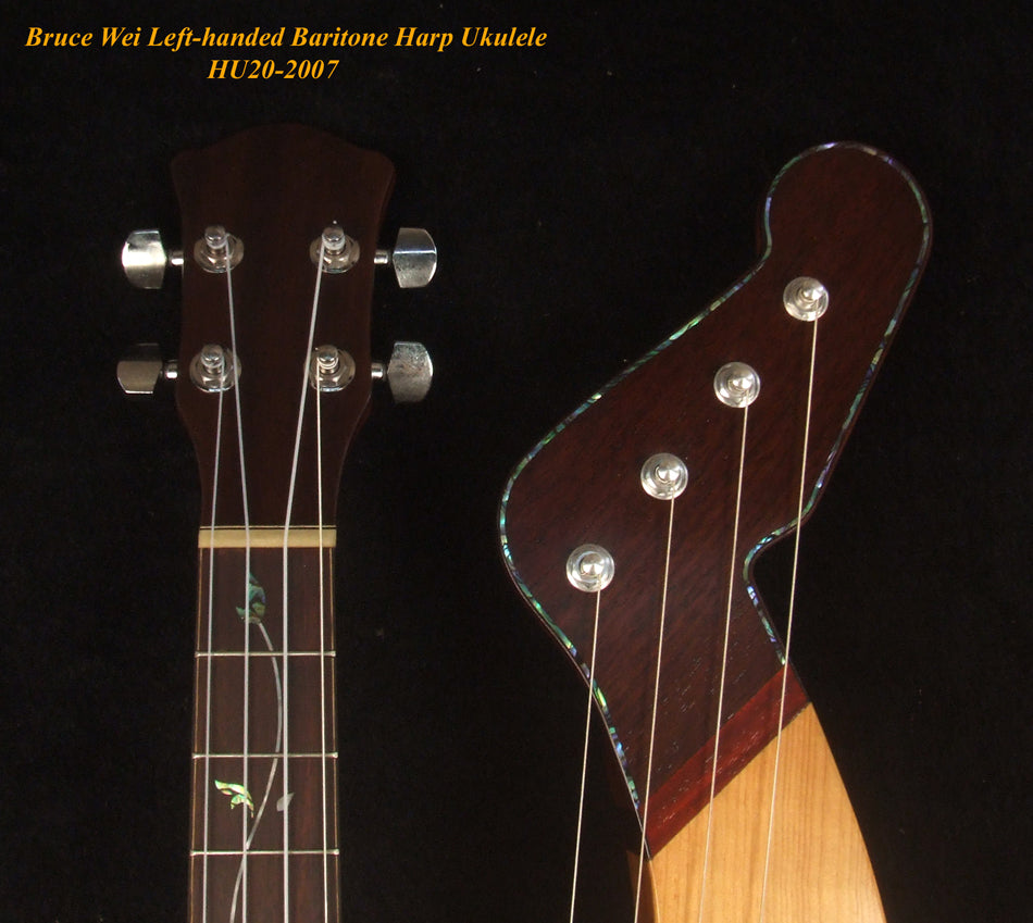 Left-Handed Baritone HARP Ukulele, Handcrafted Spruce, Mahogany , Vine Inlay, Hard Case, Bruce Wei HU20-2007