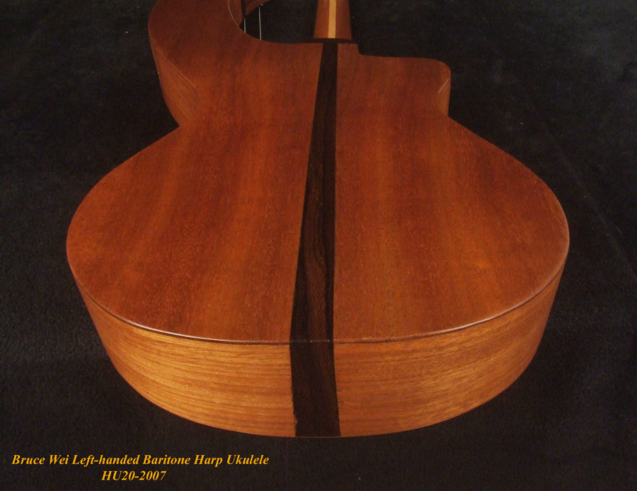 Left-Handed Baritone HARP Ukulele, Handcrafted Spruce, Mahogany , Vine Inlay, Hard Case, Bruce Wei HU20-2007