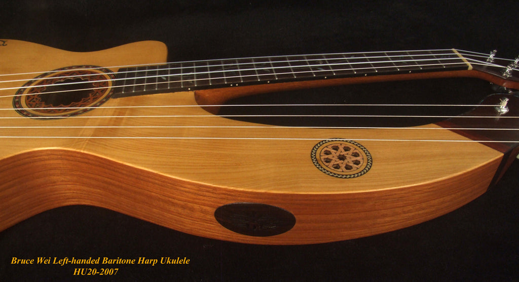 Left-Handed Baritone HARP Ukulele, Handcrafted Spruce, Mahogany , Vine Inlay, Hard Case, Bruce Wei HU20-2007