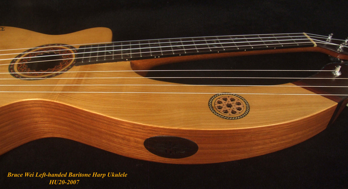 Left-Handed Baritone HARP Ukulele, Handcrafted Spruce, Mahogany , Vine Inlay, Hard Case, Bruce Wei HU20-2007