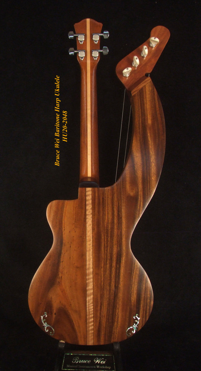 Handcrafted Baritone HARP Ukulele, Solid Spruce & Acacia, MOP Abalone Inlay, Hard Case, Bruce Wei HU20-2048
