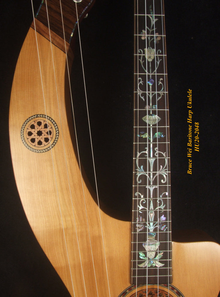Handcrafted Baritone HARP Ukulele, Solid Spruce & Acacia, MOP Abalone Inlay, Hard Case, Bruce Wei HU20-2048