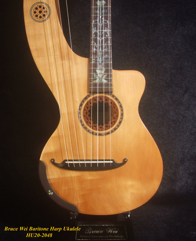 Handcrafted Baritone HARP Ukulele, Solid Spruce & Acacia, MOP Abalone Inlay, Hard Case, Bruce Wei HU20-2048